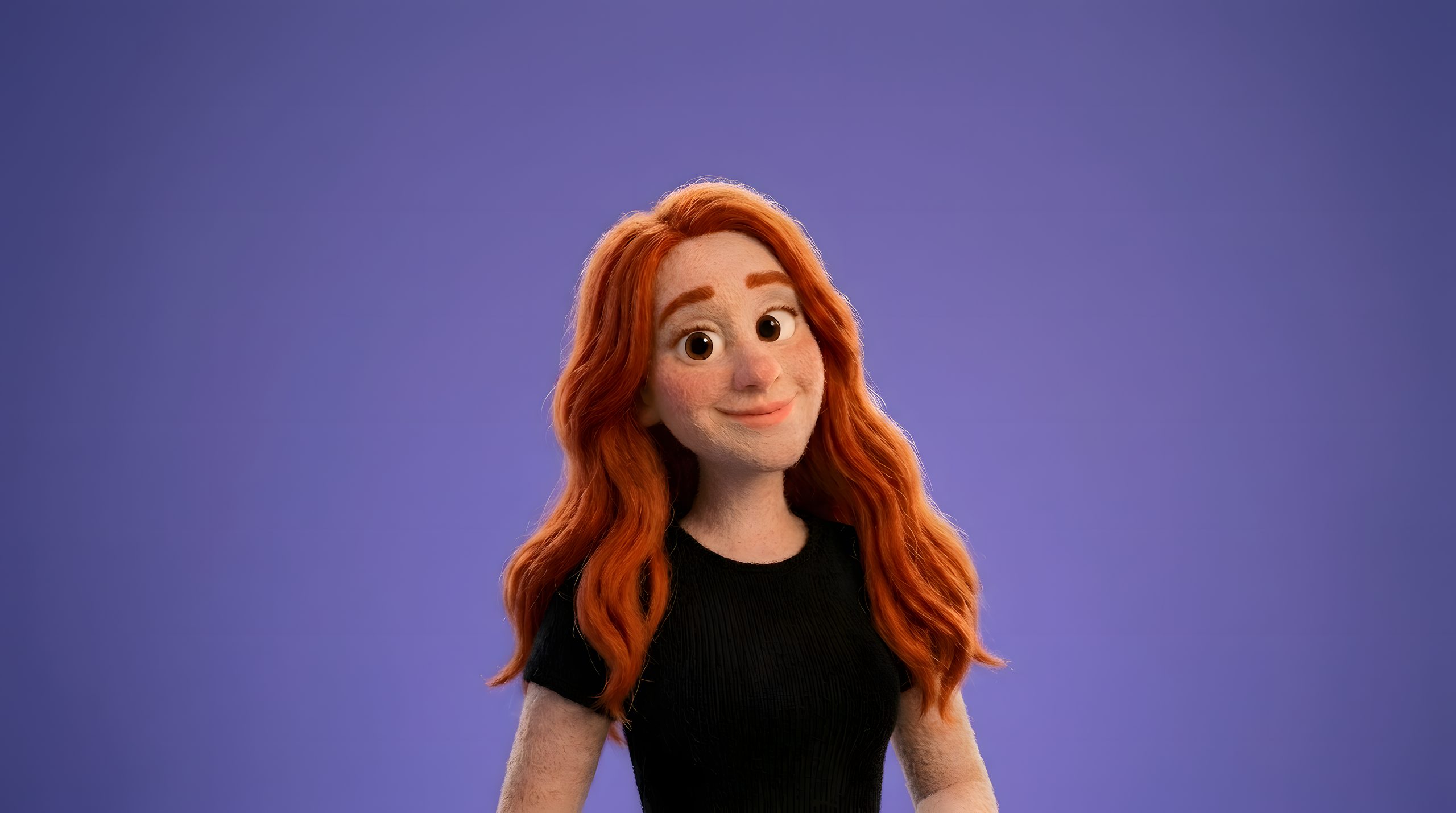 Ilustração 3D da Giovana, personagem de cabelo ruivo longo em fundo roxo